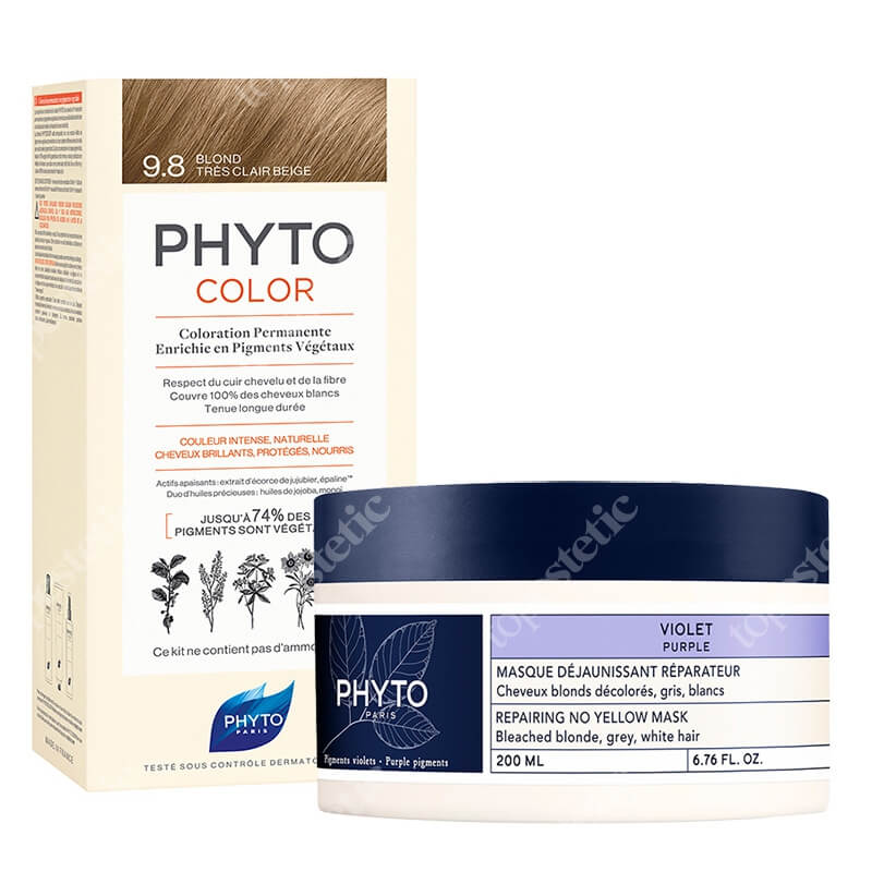 Phyto PhytoColor + Repairing No Yellow Mask ZESTAW Farba do włosów - bardzo jasny beżowy blond (9.8 Blond Tres Clair Beige) 50+50+12 + Maska neutralizująca żółte odcienie 200 ml