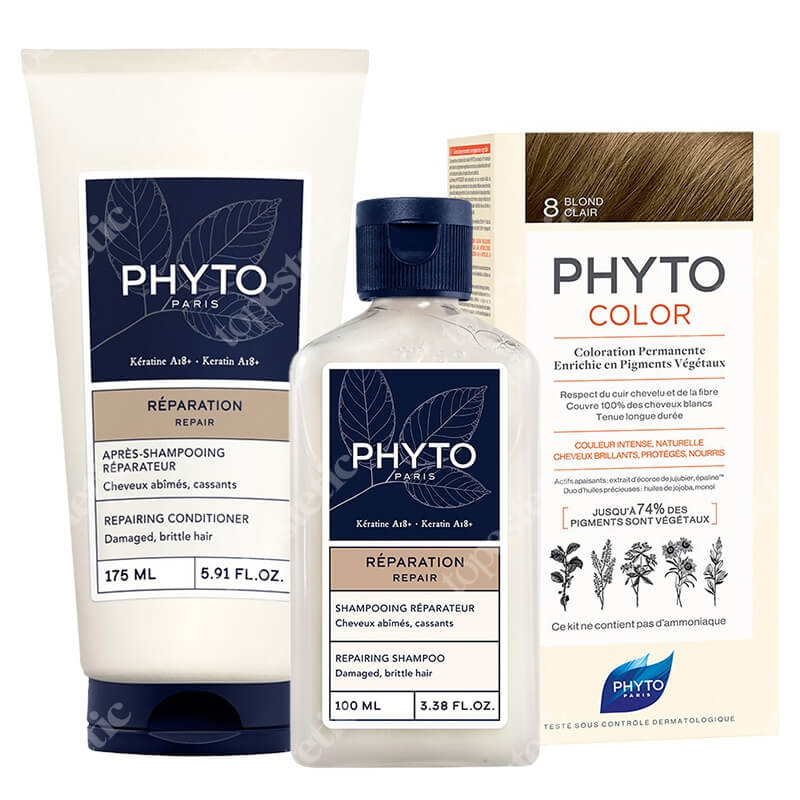 Phyto PhytoColor + Repairing ZESTAW Farba do włosów - jasny blond (8 Blond Clair) 50+50+12 + Szampon odbudowujący 100 ml + Odbudowująca odżywka do włosów 175 ml