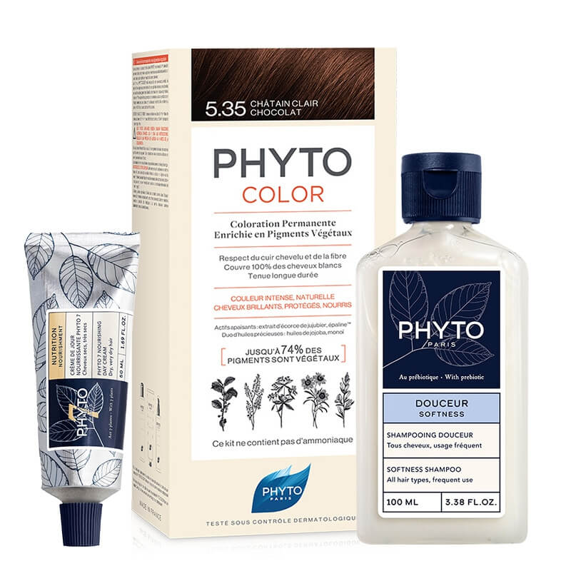 Phyto PhytoColor + Softness + Nutrition Hair ZESTAW Farba do włosów - złoty mahoń (kolor 5.35 Chatain Clair Chocolat) 1 szt + Delikatny szampon 100 ml + Krem nawilżający do włosów 50 m
