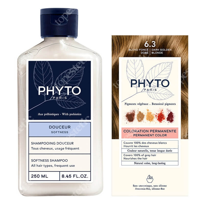 Phyto PhytoColor + Softness Shampoo ZESTAW Farba do włosów - ciemny złoty blond (6.3 Blond Fonce Dore) 50+50+12 + Delikatny szampon 250 ml