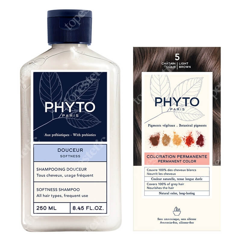 Phyto PhytoColor + Softness Shampoo ZESTAW Farba do włosów - jasny kasztan (5 Chatain Clair) 50+50+12 + Delikatny szampon 250 ml