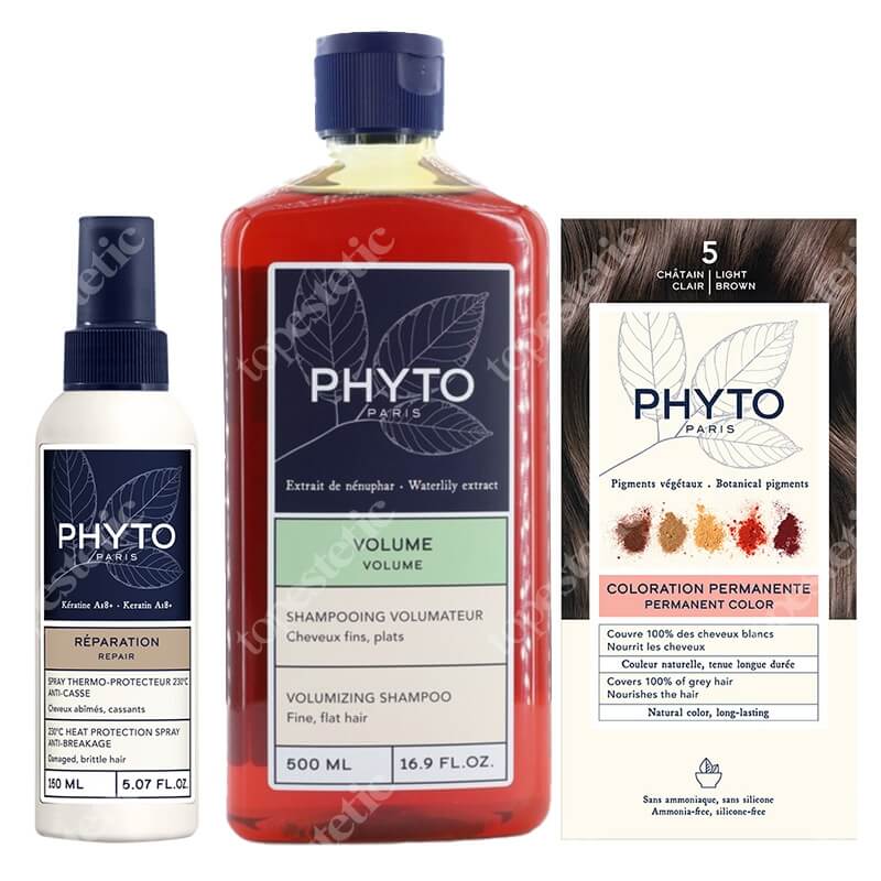 Phyto PhytoColor + Volumizing + Heat Protection ZESTAW Farba do włosów - jasny kasztan (5 Chatain Clair) 50+50+12 + Szampon zwiększający objętość włosów 500 ml + Spray termoochronny 150