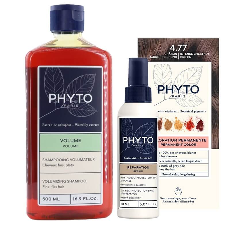 Phyto PhytoColor + Volumizing + Heat Protection ZESTAW Farba do włosów - kasztanowy brąz (kolor 4.77 Chatain Marron Profond) 1 szt + Szampon zwiększający objętość włosów 500 ml + Spray