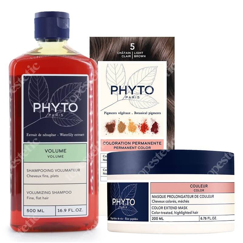 Phyto PhytoColor + Volumizing ZESTAW Farba do włosów - jasny kasztan 50+50+12 + Szampon 500 ml + Maska 200 ml
