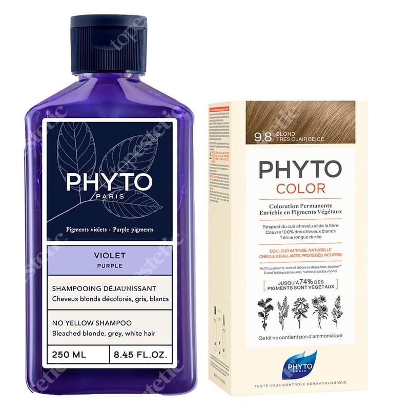 Phyto PhytoColor ZESTAW Farba do włosów - bardzo jasny beżowy blond (9.8 Blond Tres Clair Beige) 50+50+12 + Szampon neutralizujący żółte odcienie 250 ml