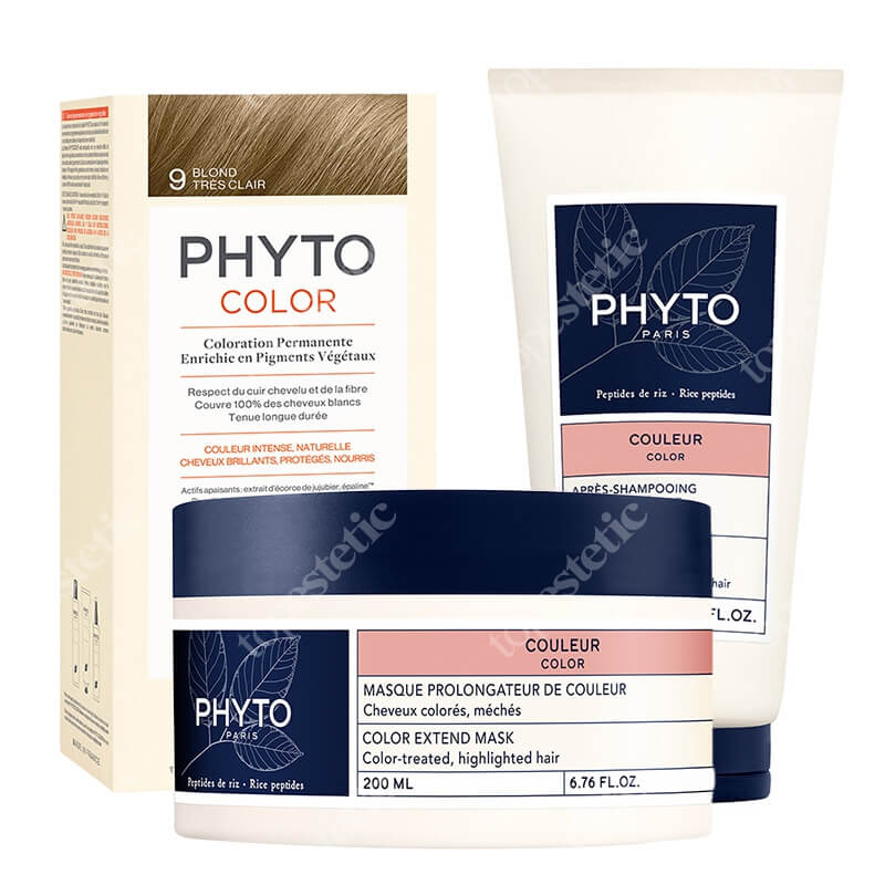 Phyto PhytoColor ZESTAW Farba do włosów - bardzo jasny blond (9 Blond Tres Clair) 50+50+12 + Odżywka 175 ml + Maska 200 ml