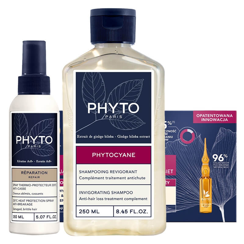 Phyto Phytocyane + Heat Protection Spray ZESTAW Kuracja przeciw okresowemu wypadaniu włosów dla kobiet 12x 5 ml + Szampon 250 ml + Spray termoochronny 150 ml