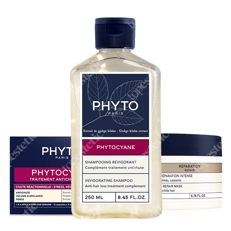 Phyto Phytocyane + Intensive Repair ZESTAW Kuracja przeciw okresowemu wypadaniu włosów dla kobiet 12x 5 ml + Rewitalizujący szampon dla kobiet 250 ml + Odbudowująca maska do włos