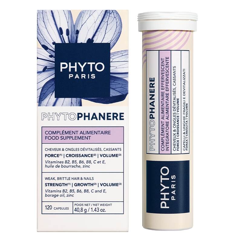Phyto Phytophanere Set ZESTAW Tabletki musujące na włosy i paznokcie 28 szt + Kapsułki na włosy i paznokcie 120 kaps