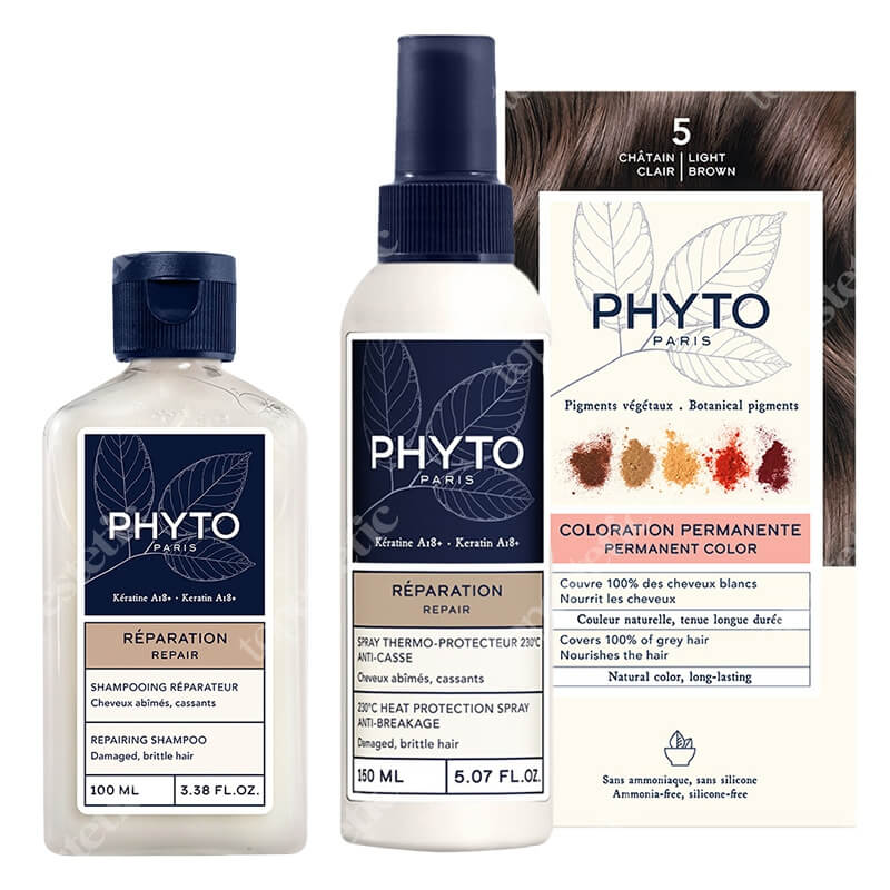 Phyto Repairing And Protection PhytoColor ZESTAW Szampon odbudowujący 100 ml + Spray termoochronny 150 ml + Farba do włosów - jasny kasztan (kolor 5 Chatain Clair) 1 szt