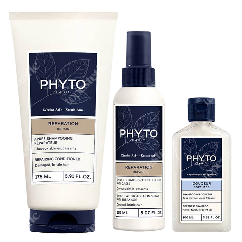 Phyto Softness + Repair + Heat Protection ZESTAW Delikatny szampon 100 ml + Odbudowująca odżywka do włosów 175 ml + Spray termoochronny 150 ml