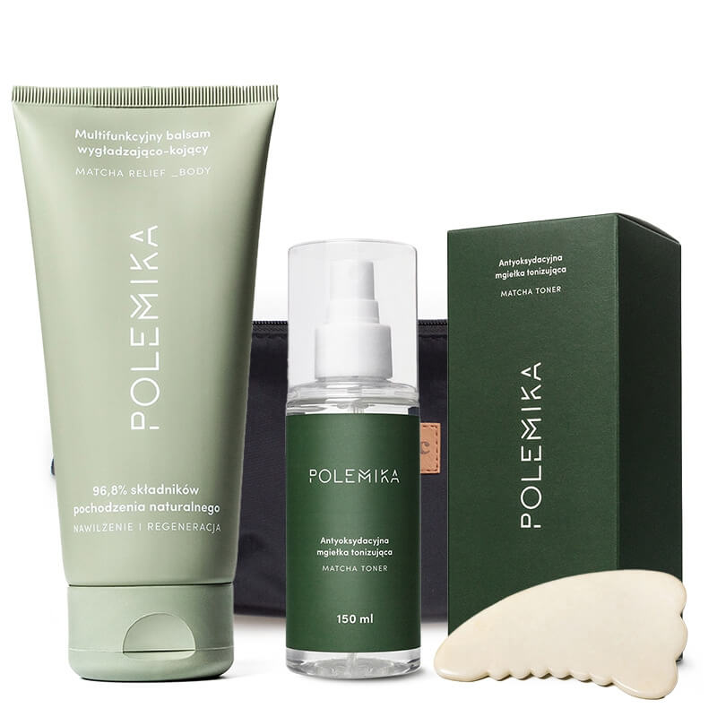 Polemika Matcha Body Care ZESTAW Mgiełka 150 ml + Gua sha do masażu ciała 1 szt + Balsam 200 ml + Kosmetyczka 1 szt