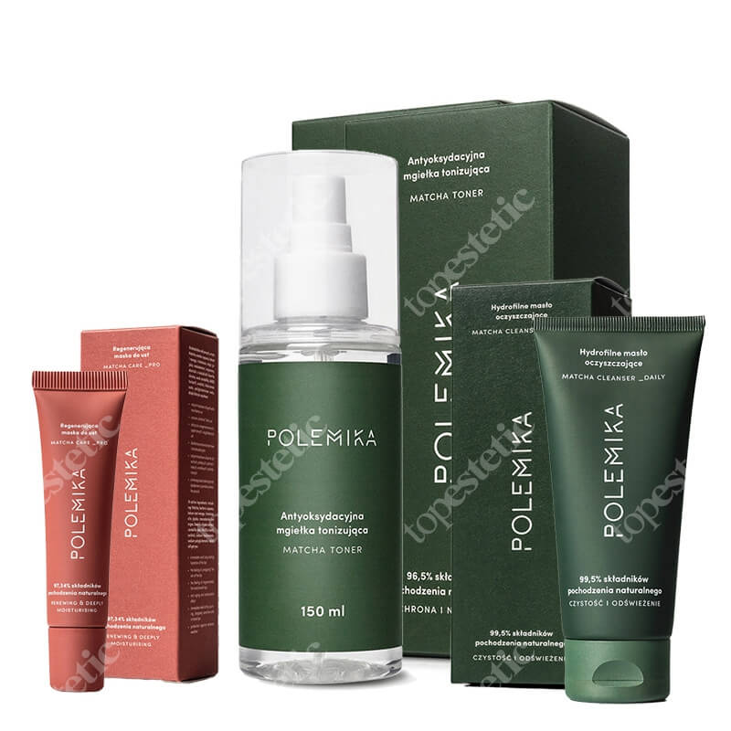 Polemika Matcha Care Pro + Matcha Cleanser + Matcha Toner ZESTAW Regenerująca maska do ust 12 ml + Masło oczyszczające 100 ml + Mgiełka tonizująca 150 ml