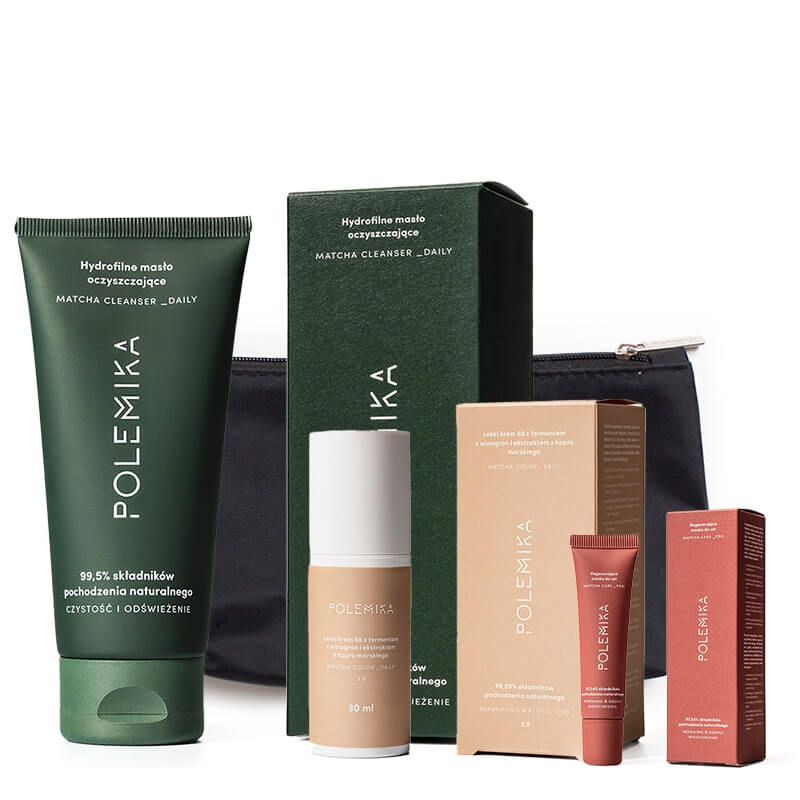 Polemika Matcha Cleanser + Matcha Care Pro + Matcha Color Daily ZESTAW Masło 100 ml + Maska do ust 12 ml + Krem BB 3.0 30 ml + Kosmetyczka 1 szt