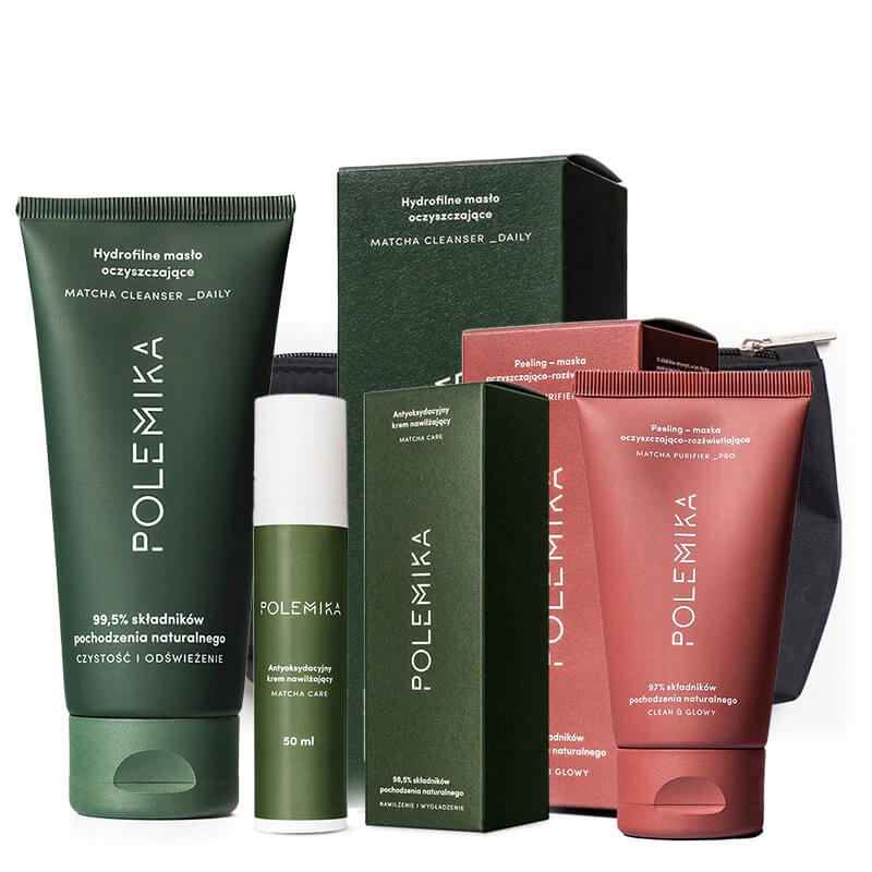 Polemika Matcha Cleanser + Matcha Purifier + Matcha Care ZESTAW Masło 100 ml + Peeling-maska 75 ml + Krem antyoksydacyjny 50 ml + Kosmetyczka 1 szt