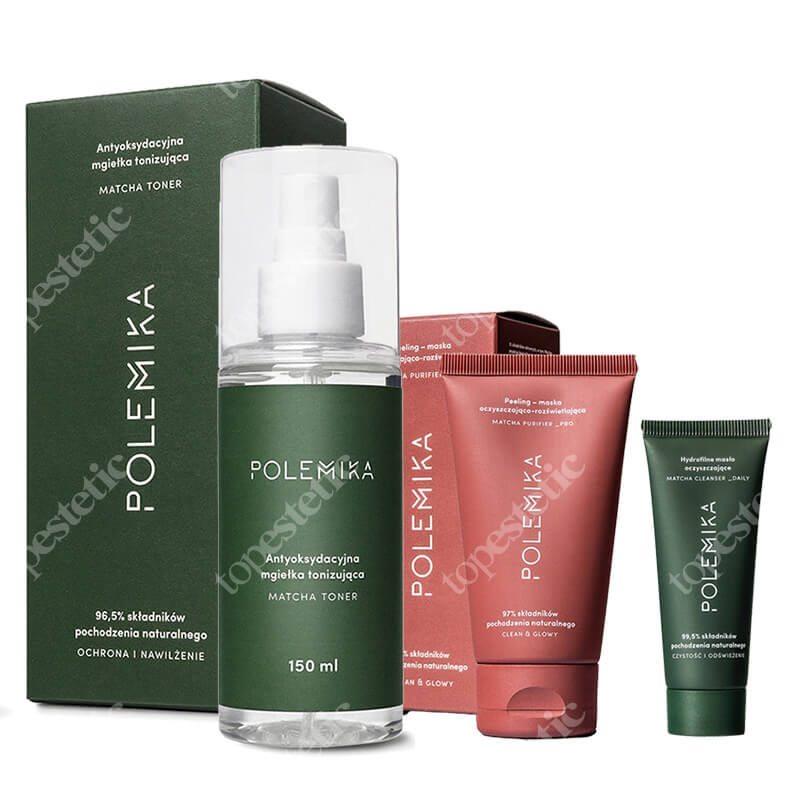 Polemika Matcha Purifier + Matcha Toner + Mini masło GRATIS ZESTAW Peeling - maska 75 ml + Antyoksydacyjna mgiełka tonizująca 150 ml + Mini masło 25 ml