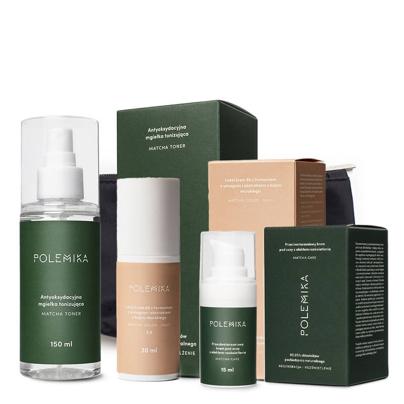 Polemika Matcha Toner + Matcha Care + Matcha Color Daily ZESTAW Mgiełka 150 ml + Krem pod oczy 15 ml + Krem BB 2.0 30 ml + Kosmetyczka 1 szt