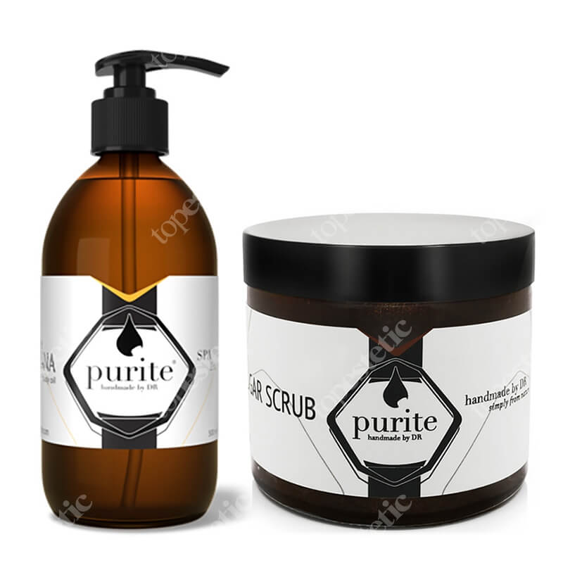 Purite Body Scrub Cocoa Mint + PRANA Body Oil ZESTAW Peeling do ciała czekolada, mięta 250 ml + Olej Do Ciała 250ml