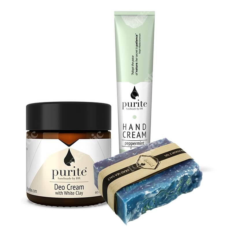 Purite Cream Deodorant + Hand Cream + Dead Sea Salt Soap ZESTAW Dezodorant z białą glinką francuską 60 ml + Krem do rąk - mięta 50 g + Mydło - Sól z morza martwego 100 g