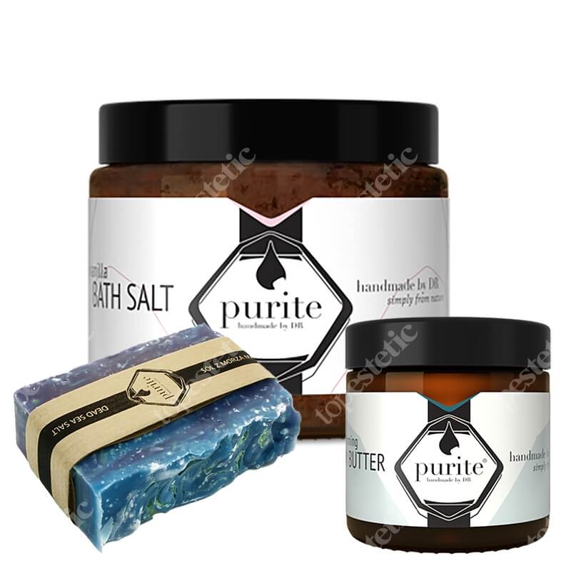 Purite Dead Sea Salt Soap + Bath Salt Rose and Vanilla + Body Butter After Sun ZESTAW Mydło - Sól z morza martwego 100 g + Sól - Róża i Wanilia 650 g + Masło do ciała ujędrniające 120 ml