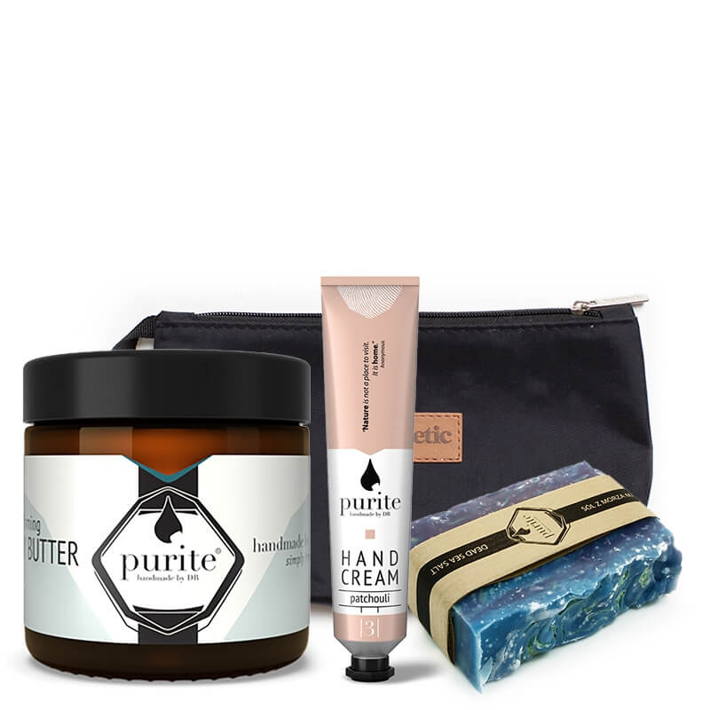 Purite Dead Sea Salt Soap + Body Butter + Hand Cream ZESTAW Mydło - Sól z Morza Martwego 100 g + Masło do ciała 120 ml + Krem do rąk 50 g + Kosmetyczka 1 szt