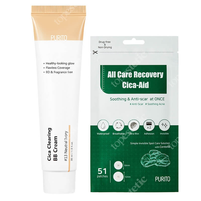 Purito All Care Recovery Cica - Aid + Cica Clearing BB Cream ZESTAW Plastry do stosowania punktowo 51 szt + Krem BB (13 Neutral Ivory) 30 ml