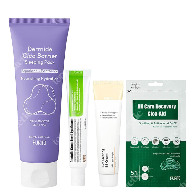 Purito All Day Care ZESTAW Krem pod oczy 30 ml + Krem BB cica (21 Light Beige) 30 ml + Plastry do stosowania punktowo 51 szt + Krem na noc 80 ml