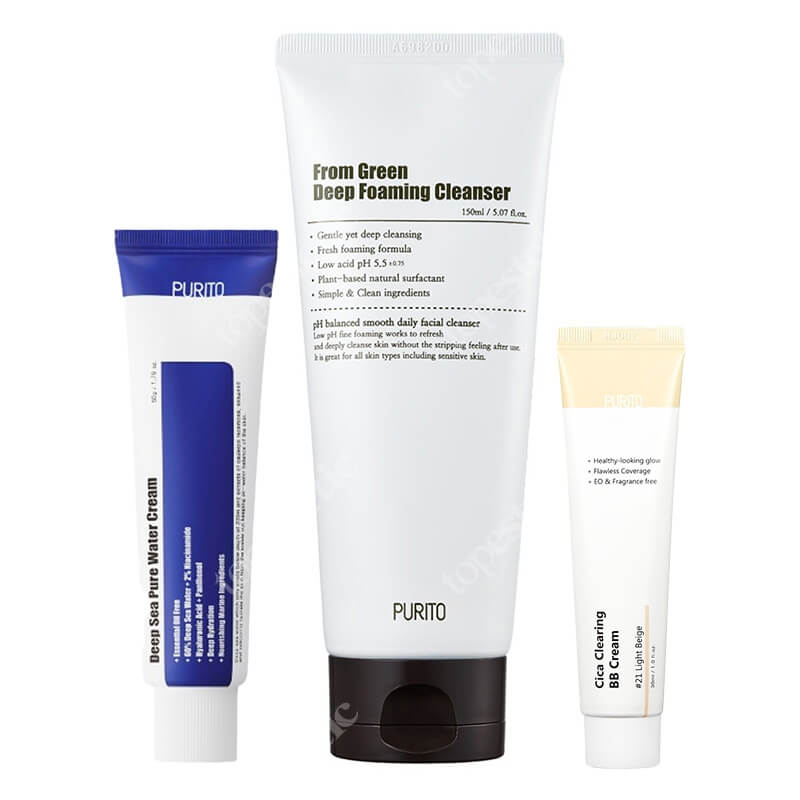 Purito BB Cream + Cleanser + Water Cream ZESTAW Krem BB cica (21 Light Beige) 30 ml + Pianka myjąca 150 ml + Krem 50 ml