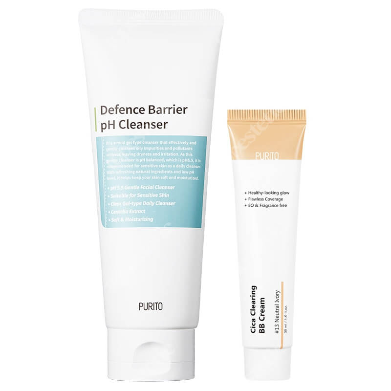 Purito Cica Clearing BB Cream + Defence Barrier PH Cleanser ZESTAW Krem BB (13 Neutral Ivory) 30 ml + Żel oczyszczający o działaniu ochronnym 150 ml