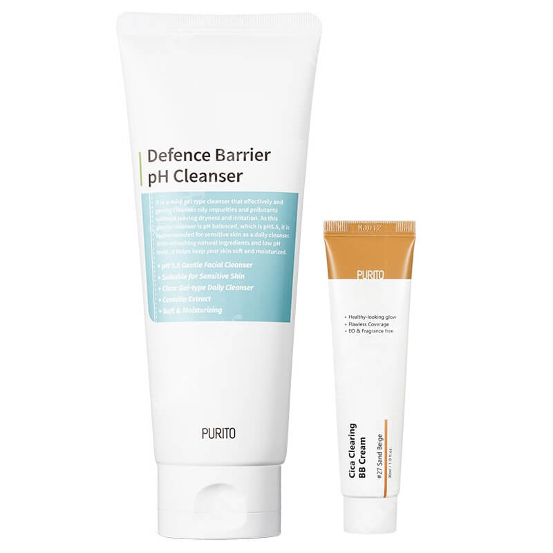 Purito Cica Clearing BB Cream + Defence Barrier PH Cleanser ZESTAW Krem BB (27 Sand Beige) 30 ml + Żel oczyszczający o działaniu ochronnym 150 ml