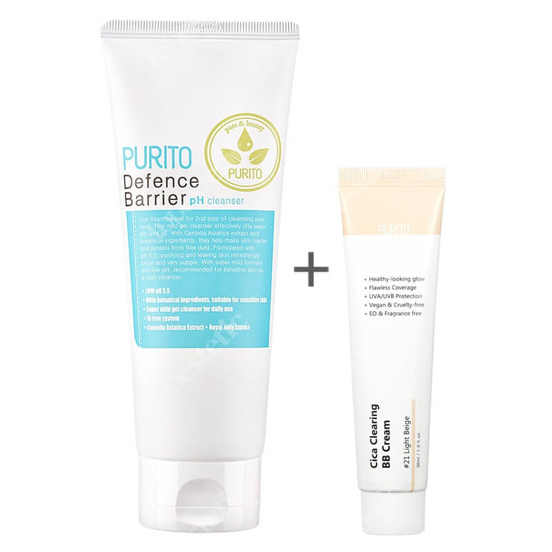 Purito Cica Clearing BB Cream + Defence Barrier PH Cleanser ZESTAW Krem BB cica ( odcien 21 Jasny beż ) 30 ml + Żel oczyszczający o działaniu ochronnym 150 ml