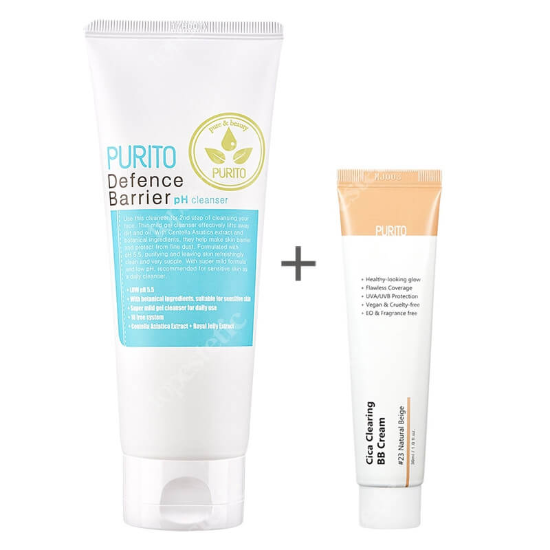 Purito Cica Clearing BB Cream + Defence Barrier PH Cleanser ZESTAW Krem BB cica ( odcien 23 Naturalny beż ) 30 ml + Żel oczyszczający o działaniu ochronnym 150 ml
