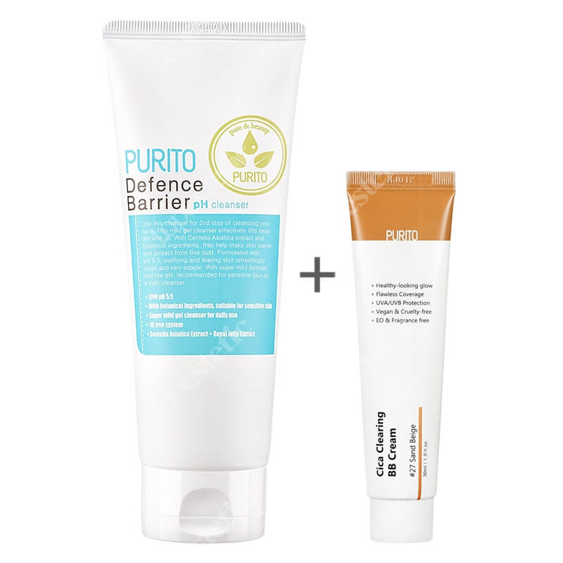 Purito Cica Clearing BB Cream + Defence Barrier PH Cleanser ZESTAW Krem BB cica ( odcien 27 Piaskowy beż ) 30 ml + Żel oczyszczający o działaniu ochronnym 150 ml