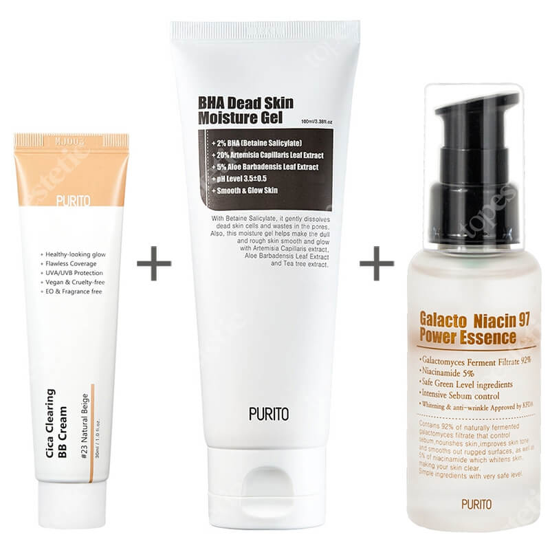 Purito Cica Clearing BB Cream + Galacto Niacin 97 Power Essence + BHA Dead Skin Moisture Gel ZESTAW Krem BB cica ( odcien 23 Naturalny beż ) 30 ml + Odżywcza esencja na bazie niacyny (wit b3) 60 ml + Nawilżający żel złuszczający 100 m