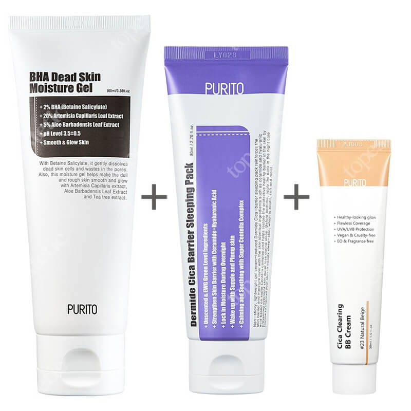 Purito Dermide Cica Barrier Sleeping Pack  + Cica Clearing BB Cream + BHA Dead Skin Moisture Gel ZESTAW Krem na noc 80 ml + BB (23Naturalny beż) 30 ml + Żel 100 ml