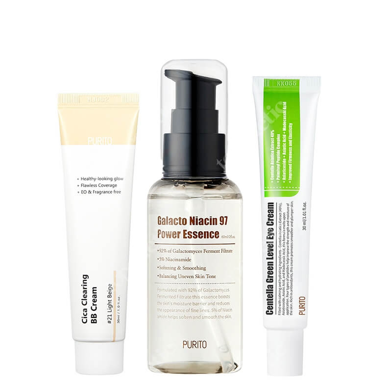 Purito Essence + BB Cream + Eye Cream ZESTAW Odżywcza esencja 60 ml + Krem BB cica (21 Light Beige) 30 ml + Krem pod oczy 30 ml