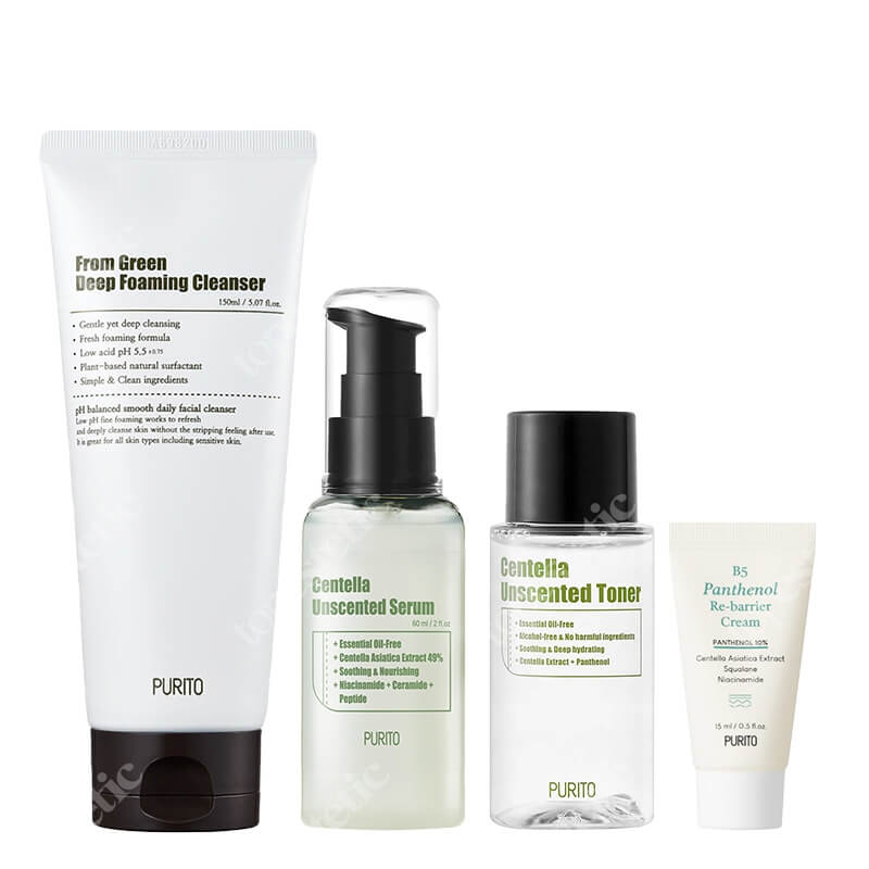 Purito Face Care Set ZESTAW Pianka myjąca 150 ml + Krem SPF50 15 ml + Toner 30 ml + Serum 60 ml + Regenerujący krem 15 ml