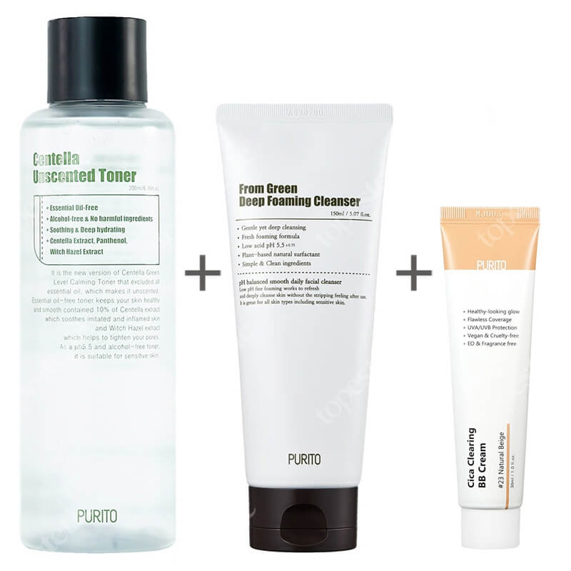 Purito Foaming Cleanser + Centella Unscented Toner + Cica Clearing BB Cream ZESTAW Pianka 150 ml + Toner z wąkrotką azjatycką 200 ml + Krem BB ( 23 Nat. beż ) 30 ml