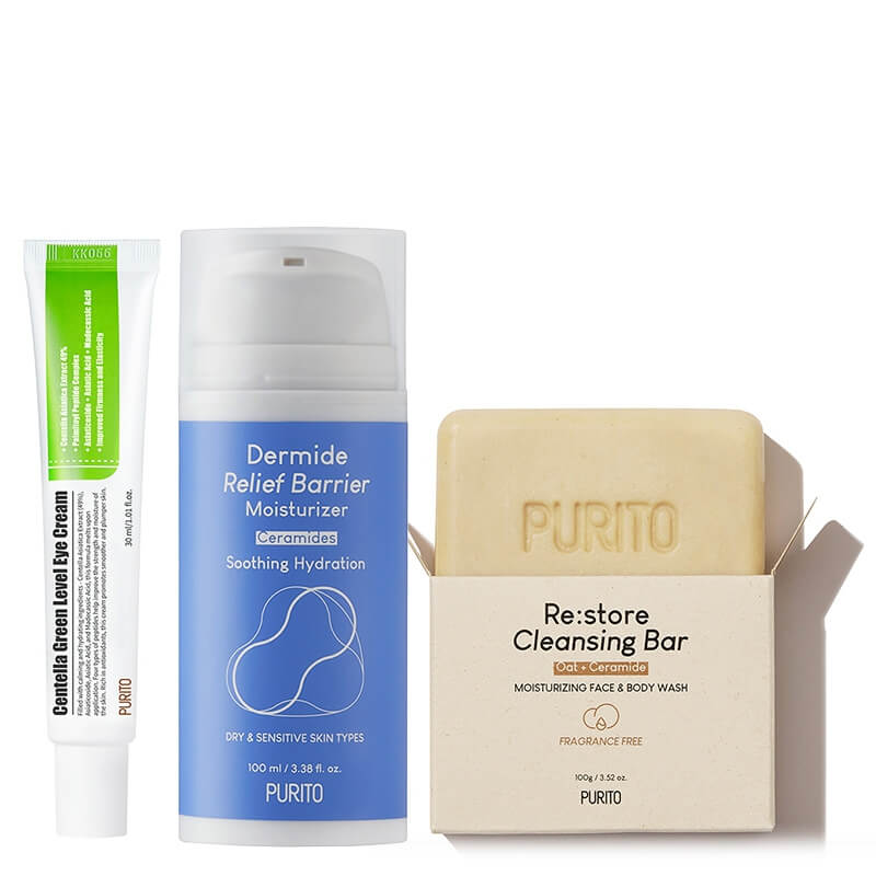 Purito Fresh Start ZESTAW Odżywcza kostka do mycia 100 g + Krem pod oczy 30 ml + Odbudowujący krem z ceramidami 100 ml