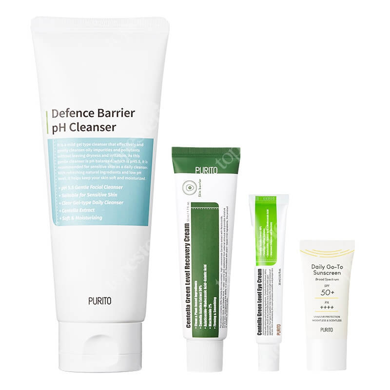 Purito Lovely Skin Care ZESTAW Krem z filtrem przeciwsłonecznym SPF50 TRAVEL 15 ml + Żel oczyszczający 150 ml + Regenerujący krem 50 ml + Krem pod oczy 30 ml