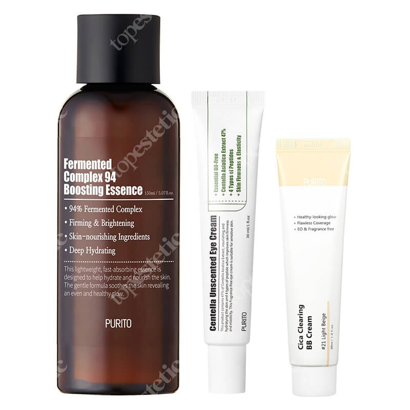 Purito New Start ZESTAW Esencja kompleksowa 150 ml + Krem do pielęgnacji okolicy oczu 30 ml + Krem BB cica (21 Light Beige) 30 ml