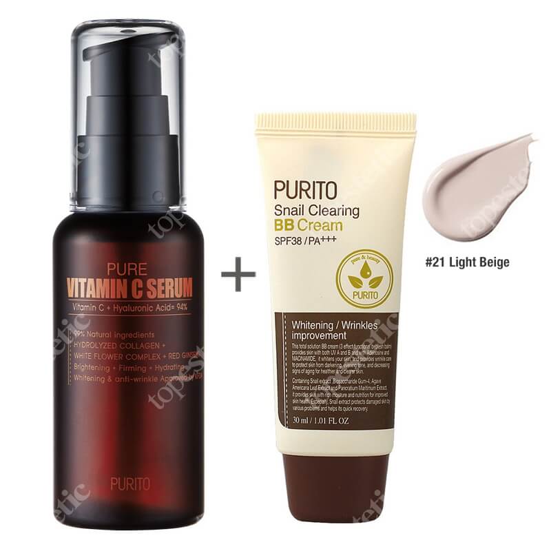 Purito Pure Vitamin C Serum + Snail Clearing BB Cream Light Beige ZESTAW Przeciwzmarszczkowe serum z witaminą C 60 ml + Krem BB z wyciągiem ze śluzu ślimaka (odcień 21 Jasny beż) 30 ml
