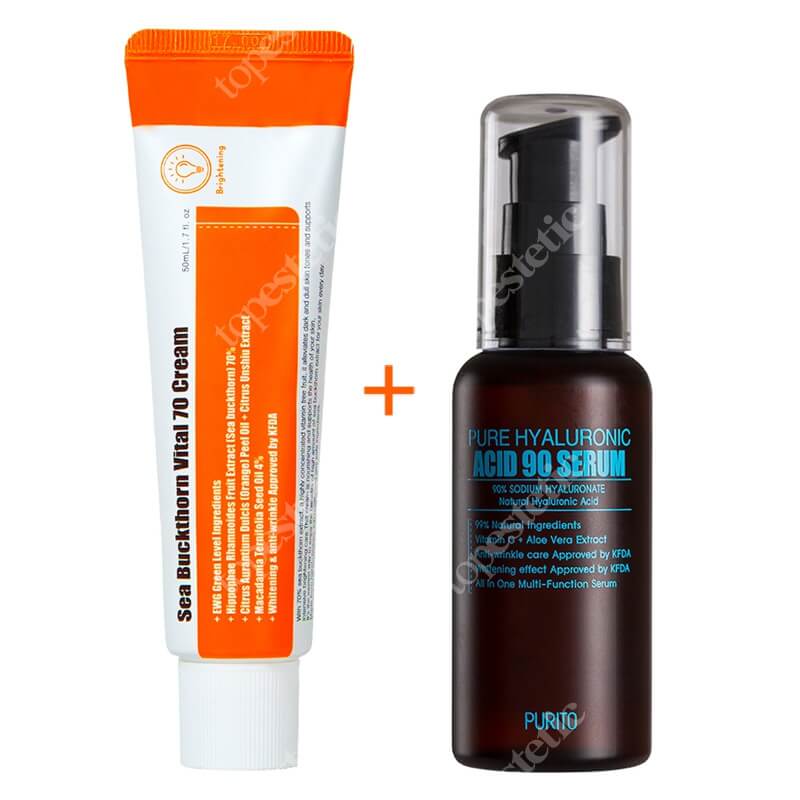 Purito Sea Buckthorn Vital 70 Cream + Pure Hyaluronic Acid 90 Serum ZESTAW Krem rewitalizujący 50 ml + Serum na bazie kwasu hialuronowego 90%, 60 ml