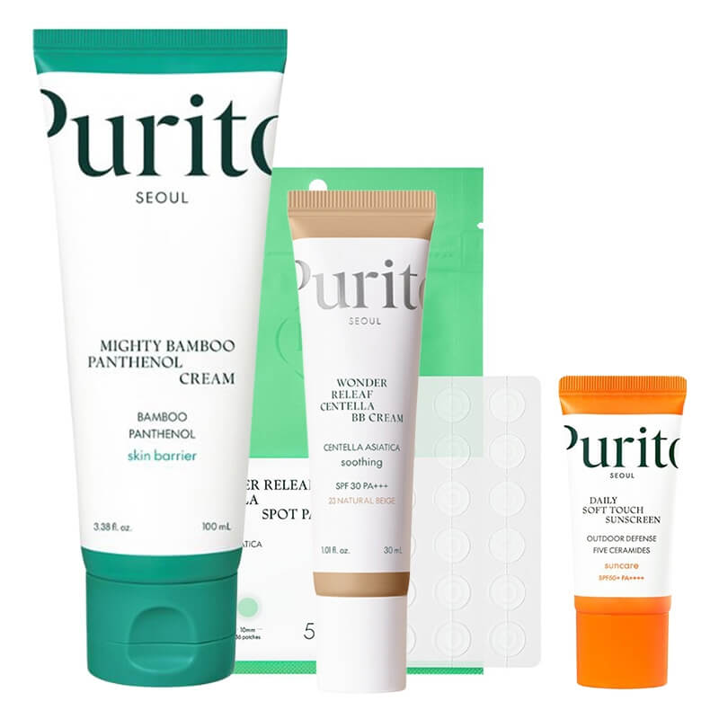Purito Seoul Bestseller Set ZESTAW Krem SPF50 15 ml + Krem BB 30 ml + Plastry do stosowania punktowo 51 szt + Regenerujący krem 100 ml