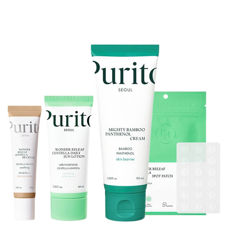 Purito Seoul Face Care ZESTAW Plastry do stosowania punktowo 51 szt + Krem BB 30 ml + Krem przeciwsłoneczny 60 ml + Regenerujący krem 100 ml