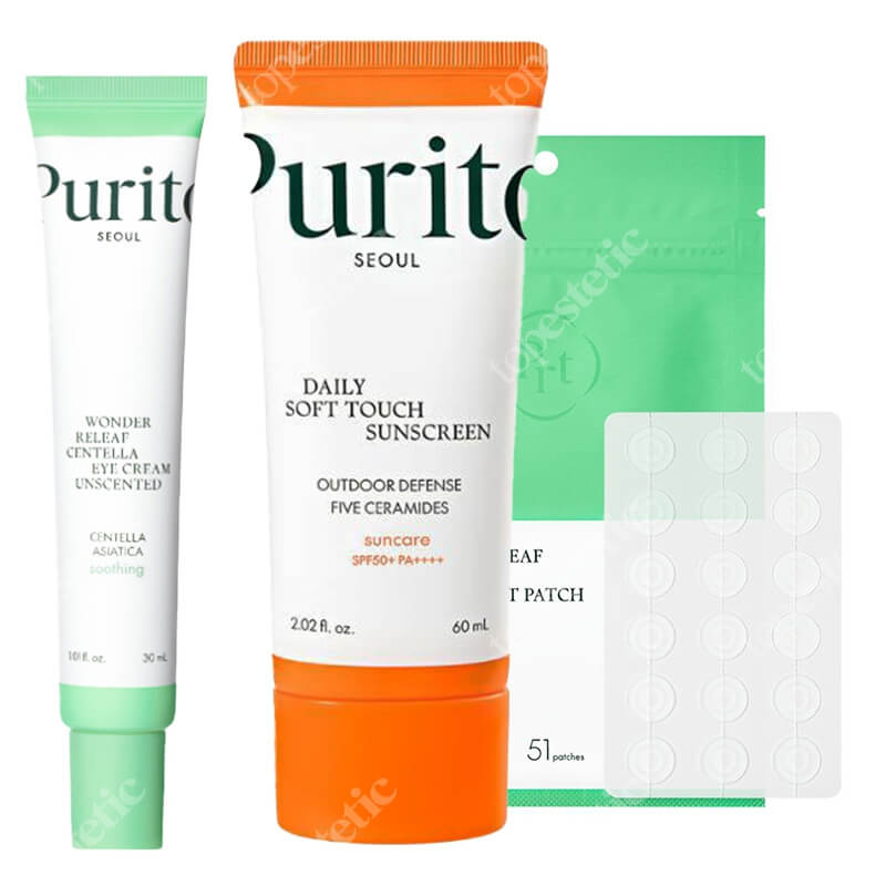 Purito Seoul Favorite Face Care ZESTAW Krem przeciwsłoneczny SPF50+ 60 ml + Plastry do stosowania punktowo 51 szt + Krem pod oczy 30 ml