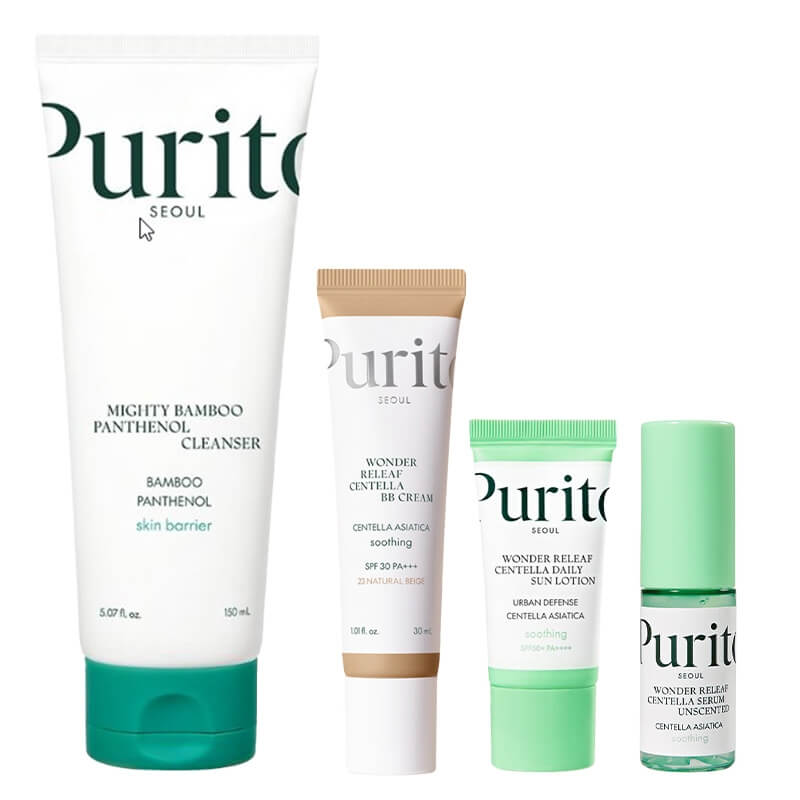 Purito Seoul Favorite Set ZESTAW Bezzapachowe serum 15 ml + Krem BB SPF 30 PA+++ ( kolor 23 Natural Beige) 30 ml + Krem SPF 50 15 ml + Żel do mycia twarzy 150 ml