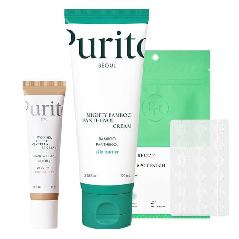 Purito Seoul Panthenol Cream + Spot Patch + BB Cream ZESTAW Regenerujący krem 100 ml + Plastry do stosowania punktowo 51 szt + Krem BB SPF 30 PA+++ ( kolor 23 Natural Beige) 30 ml