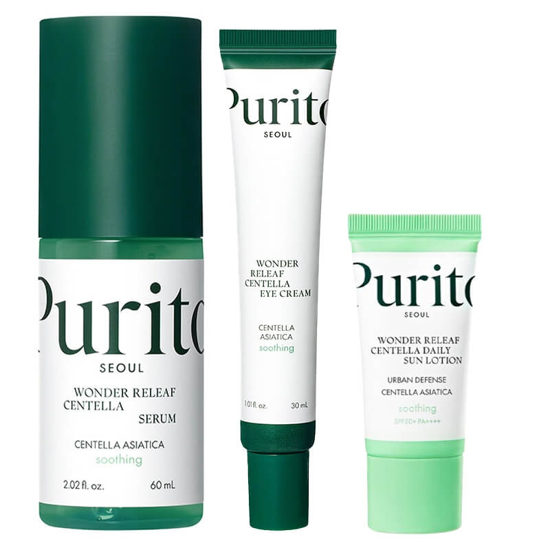 Purito Seoul Wonder Releaf Centella Set ZESTAW Łagodzące serum 60 ml + Krem pod oczy 30 ml + Ultralekki krem przeciwsłoneczny 15 ml