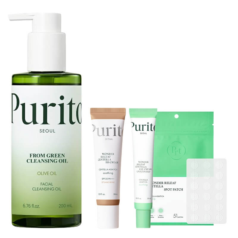 Purito Seoul Wonder Releaf ZESTAW Krem do pielęgnacji okolicy oczu 30 ml + Plastry do stosowania punktowo 51 szt + Krem BB 30 ml + Olejek oczyszczający 200 ml